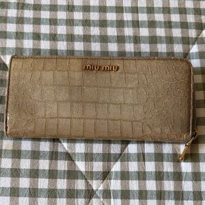 Miu Miu Croc-Embossed Zip Wallet in Beige